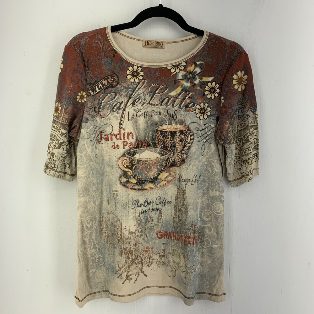Y2K McBling Paris Coffee Cafe Latte Graphic Tee Rhinestone Medium French Country